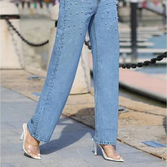 Womens Rhinestone Detail High Waisted Straight Leg Jeans - Picture 4 of 6